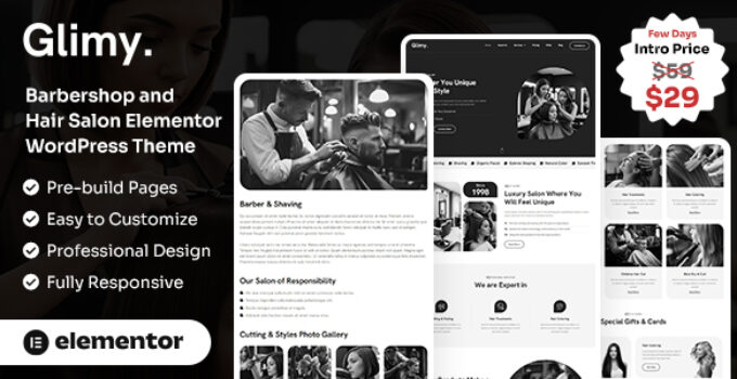 Glimy – Barbershop and Hair Salon Elementor WordPress Theme
