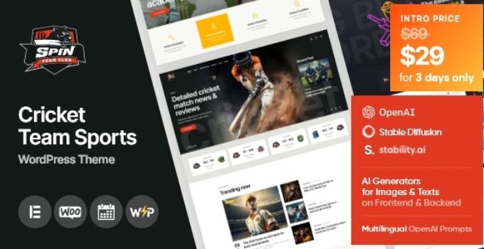 Spin – Cricket Team Sports WordPress Theme + AI